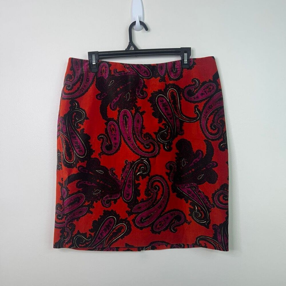 Talbots Red Paisley Velvet Skirt Women’s 14P Petite Cotton Retro Boho Statement